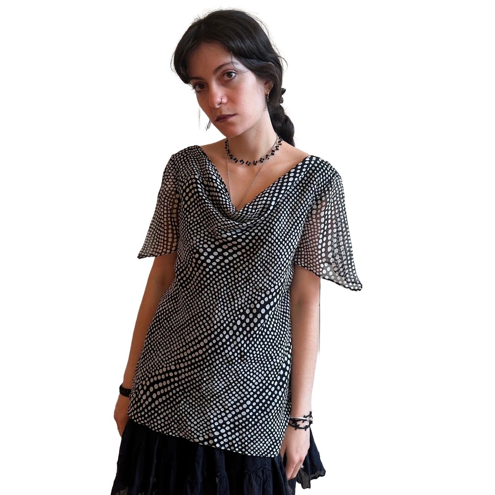 Vintage Black White Polka Dot Y2K Dana Buchman Silk Blouse Draped Neckline Sheer